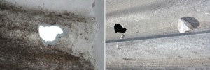 En las imágenes se puede observar el hueco que hizo la piedra lanzada que dio en el techo del vecino de al lado de la vivienda de los periodistas-opositores, visto de dentro hacia fuera y desde arriba, donde se ve la piedra y el hueco.